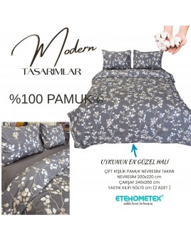 ETEHOMETEX %100 Pamuk Nevresim Takımı ÇİFT KİŞİLİK BAHAR DALI ANTRASİT 8696474232115